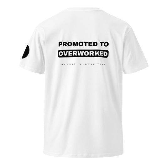 notforworkwear promoted to overworked white tshirt back graphic